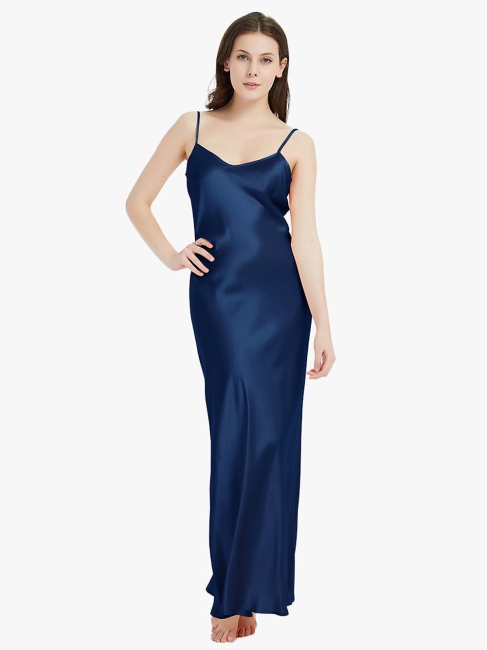 Elegant Navy Satin Slip Dress with Adjustable Straps marione